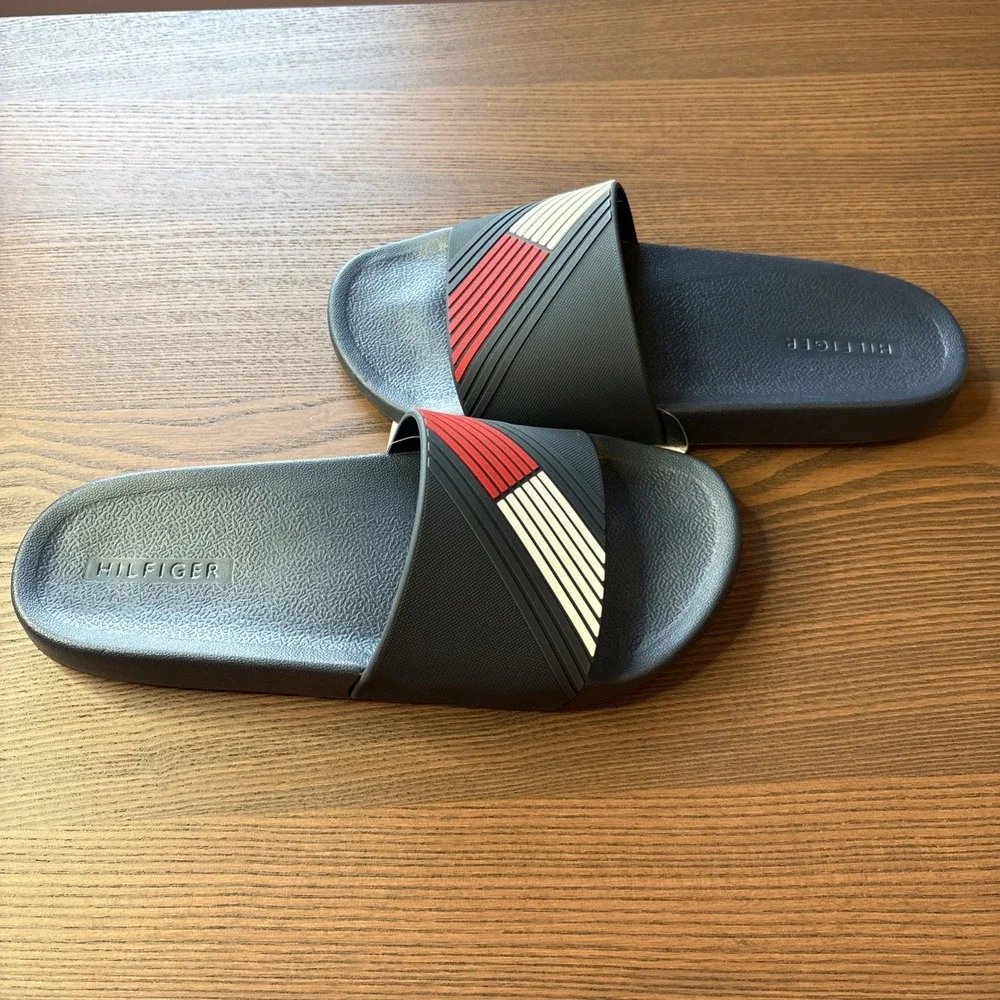 Tommy Hilfiger Slides Mens 9 Sandals Flag Logo Navy Blue White Red NEW